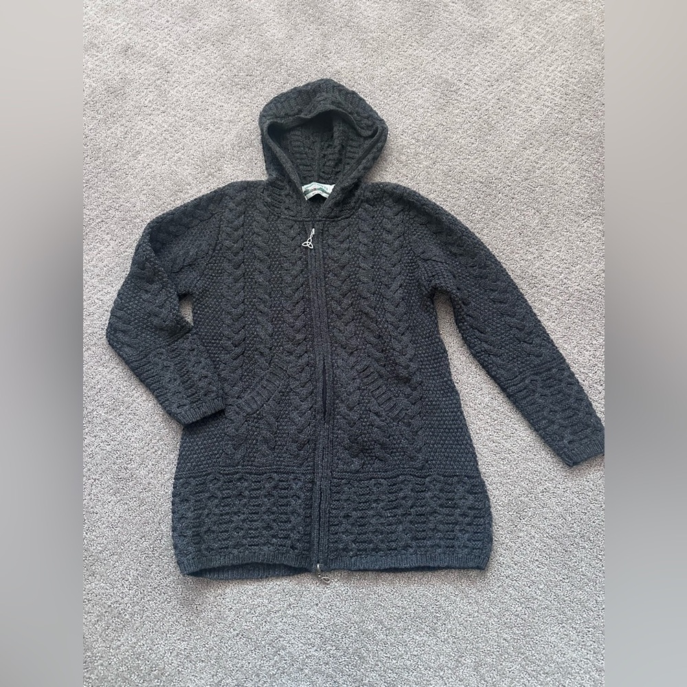 Aran Crafts Ireland 100% Merino Wool Long Zip Cardigan Sweater Charcoal Grey - S